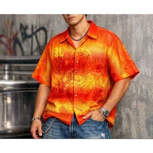 Vtg Trust Mens Y2k Button Down Shirt Oversized M Dragon Mesh Orange Club Korea